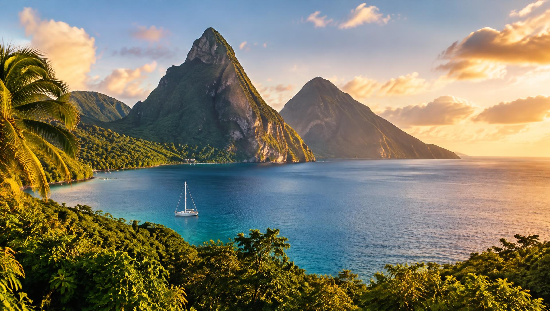 The twin Pitons of Saint Lucia rising above the Caribbean sea at golden hour